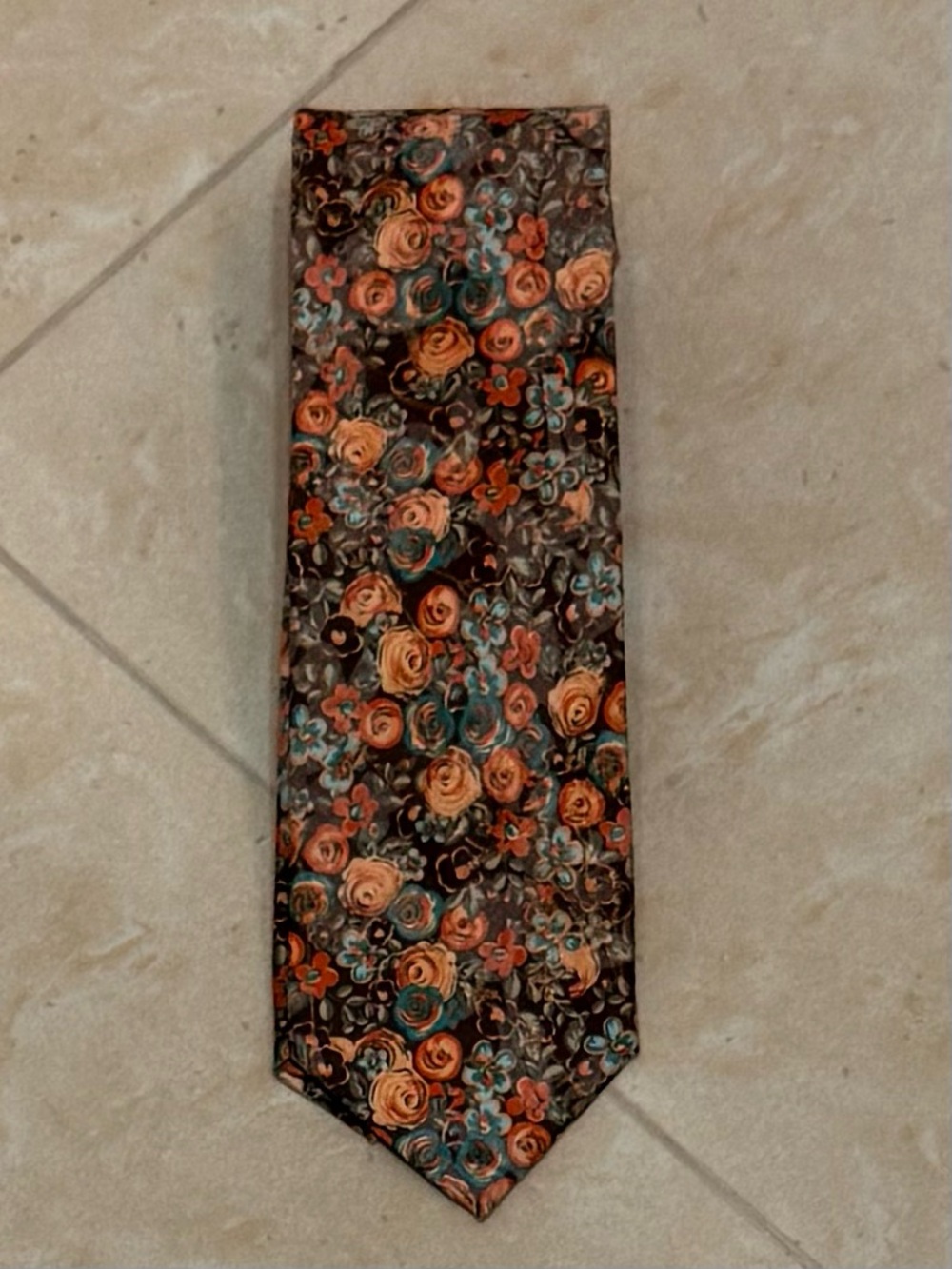 Perry Ellis Portfolio Floral Men's Tie — Brown with Orange & Teal Accents